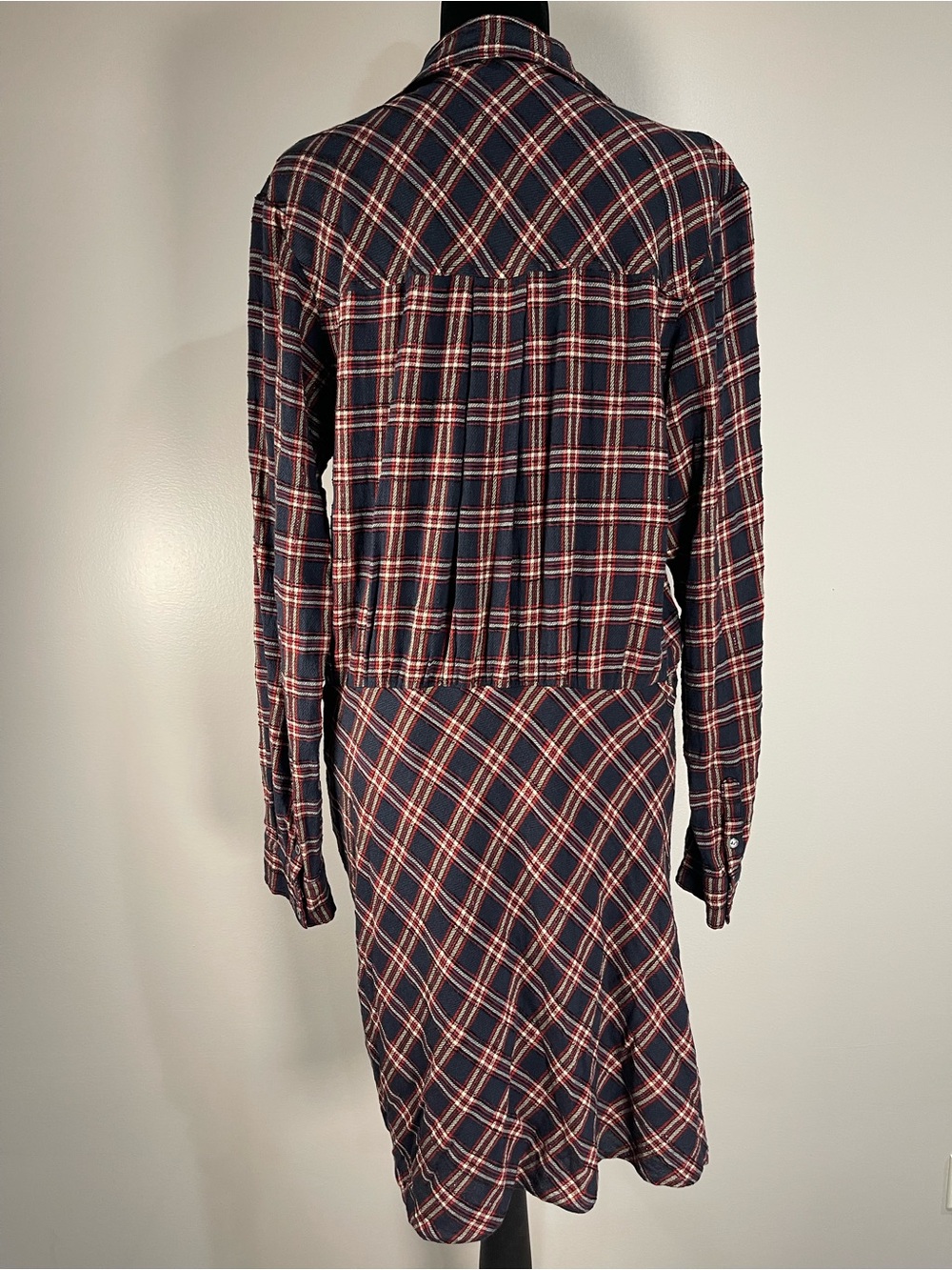 Veronica Beard Karen Navy and Red Metallic Plaid Long-Sleeve Shirt Dress Sz. 14 - Picture 2 of 7